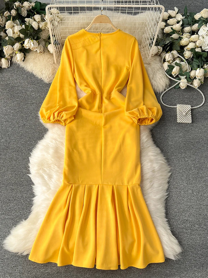 Elegant V-Neck Solid Color Dress - Autumn/Winter 2024