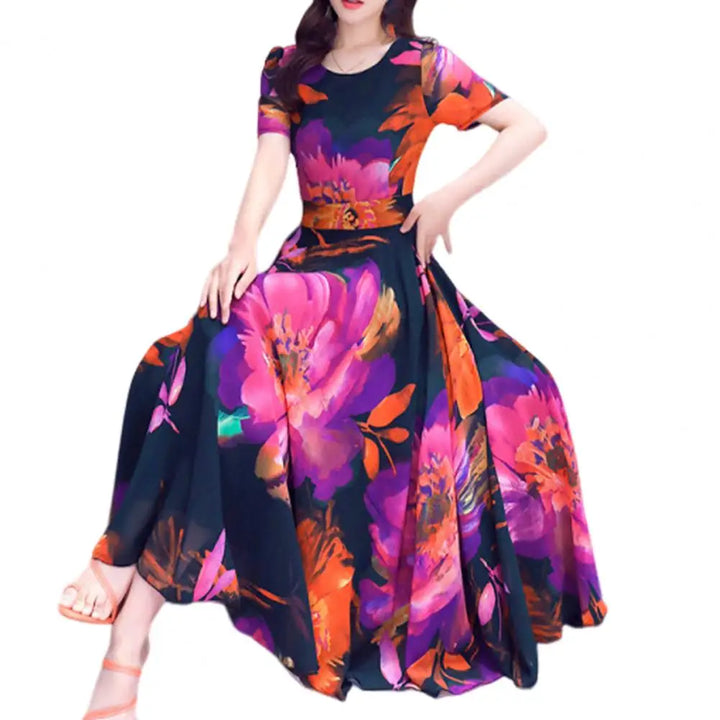 Women Loose Long Dress Summer Casual Half Sleeve Floral Print Dress A-line Big Swing Bohemian Beach Holiday Midi Dress Vestidos