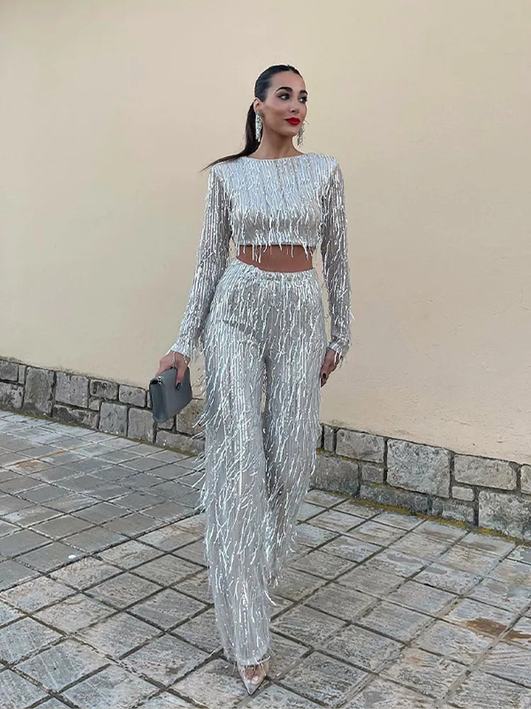 Silver Sequin Tassel 2-Piece Set - Spring Fashion for Women