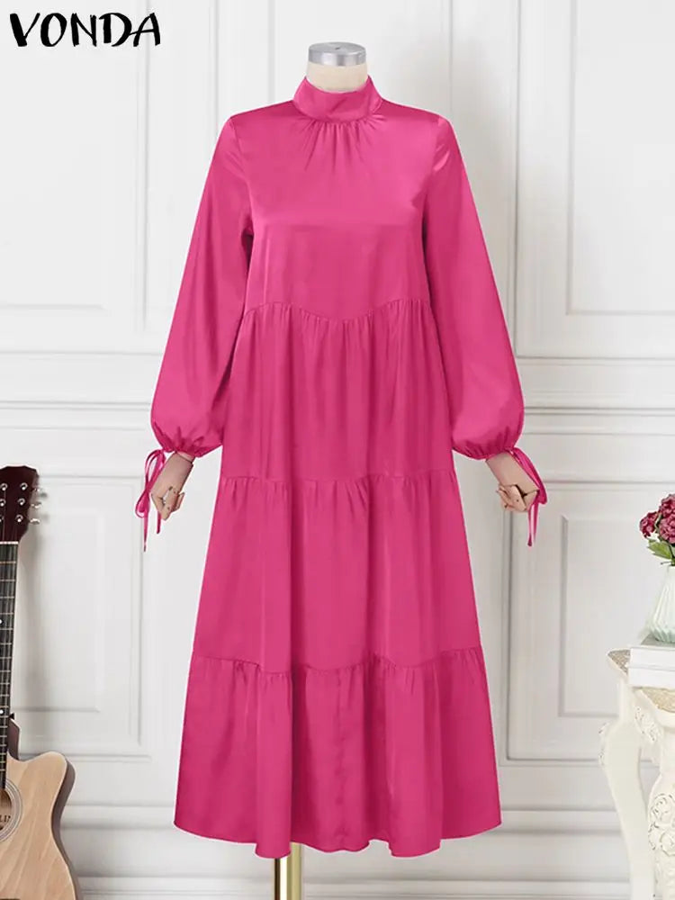 VONDA Elegant Satin Maxi Dress - Plus Size 5XL with Puff Sleeves, Stand Collar, and Ruffled Details