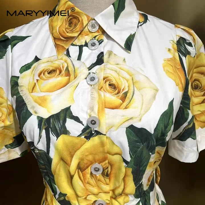 Upgrade Your Wardrobe with MARYYIMEI Yellow Rose Printed MIDI Dress - Slim-Fit, Lace-Up, and Single-Breasted!