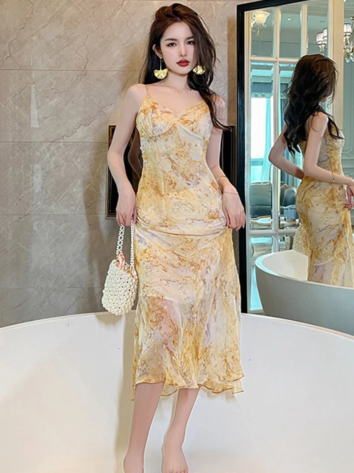 Yellow Chiffon Ruffle Dress Set - 2023 Summer Collection for Women - Beach Boho Outfits