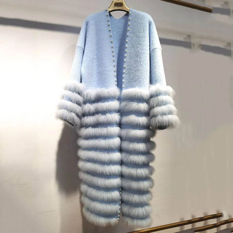 Women's Fox Fur Stripe Knitted Cardigan Coat