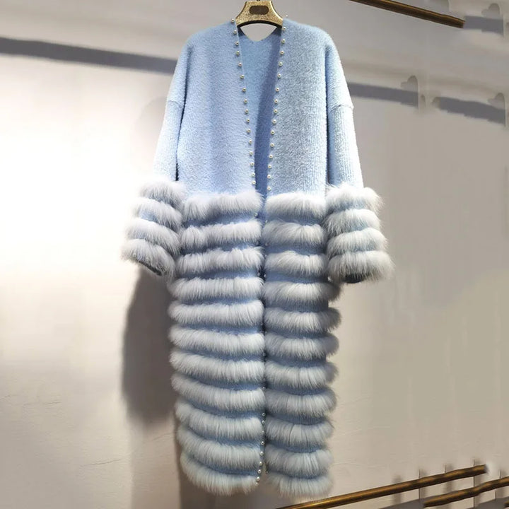 Women's Fox Fur Stripe Knitted Cardigan Coat