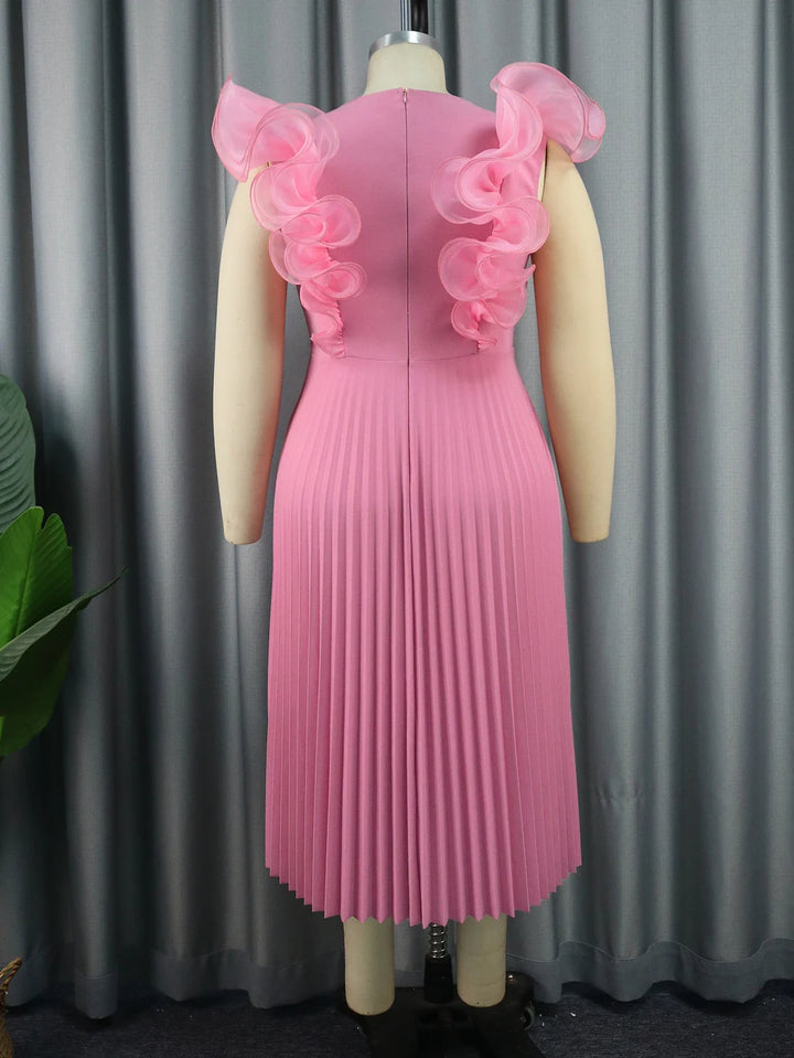 Pink Plus Size Pleated Dress - Ruffles Sleeveless A Line - Casual/Party/Evening/Birthday - 3XL/4XL/High Waist - 121cm