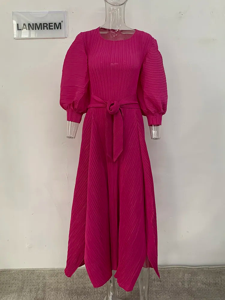 Stylish LANMREM Maxi Dress - High Waist, Long Sleeves, Pleated - 2024 Spring Collection