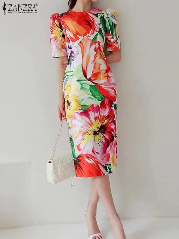 ZANZEA Bohemian Floral Print Dress - Summer Party Midi Robe with Short Puff Sleeves and Back Zipper