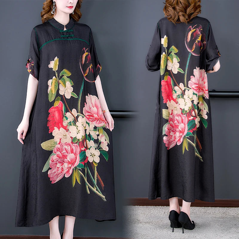 2023 Summer Ethnic Style Silk Dress - Large Flower Print, Loose Fit, Button Closure