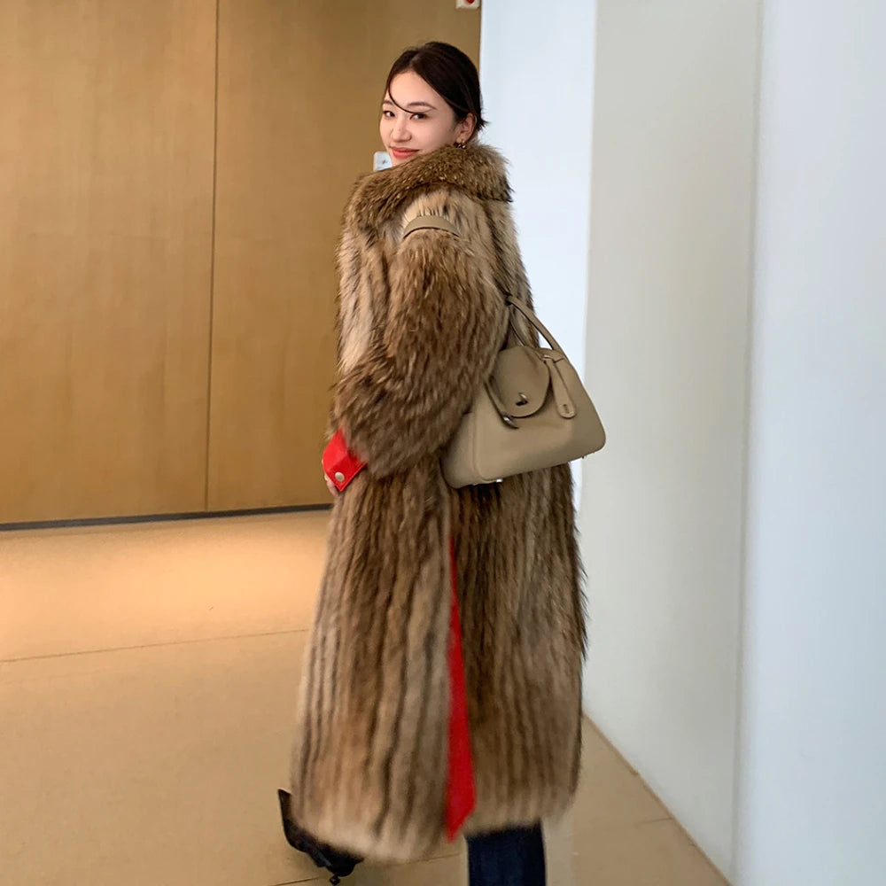 Hot 2023 Luxury Clothes Women Winter Coat 100% Real Raccoon Fur Coat Natural Fluffy Fur Jacket Ladies Fashion X-long Streetwear