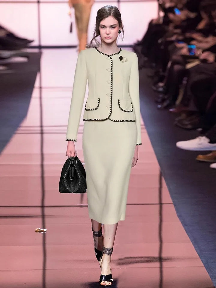 Seasixiang Fashion Autumn Tweed Suit Women O-Neck Long Sleeve Contrasting Colors Coat + Pencil Skirt Office Lady 2-Piece Set