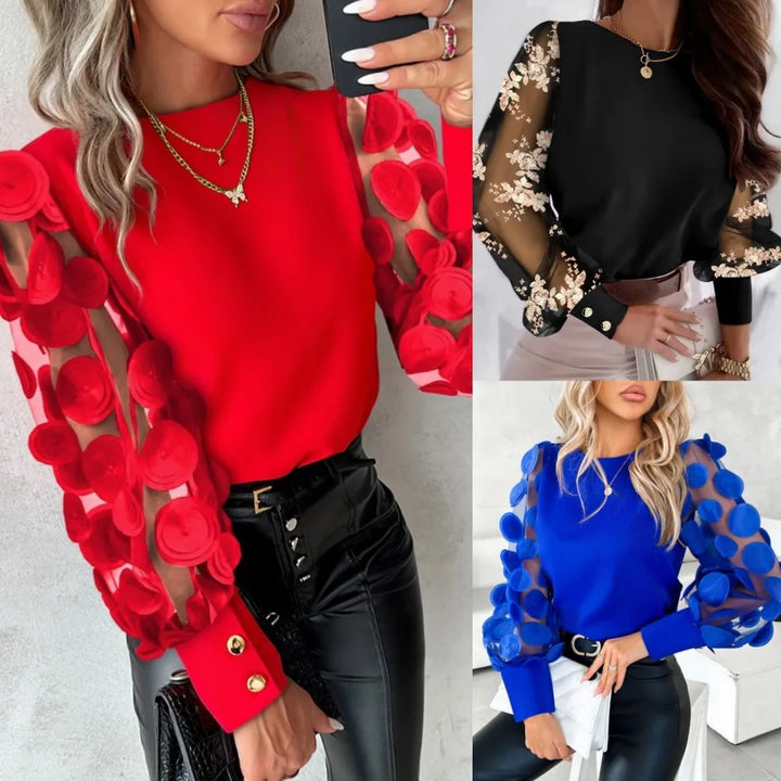 Red Lace Floral Sheer Mesh Top - Fashion Women's Blouse for Autumn & Spring