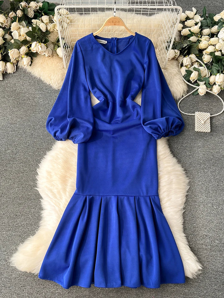 Elegant V-Neck Solid Color Dress - Autumn/Winter 2024