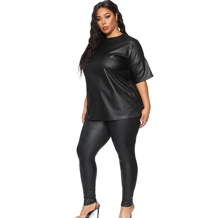 PU Two Piece Plus Size Women Pants Sets Fashion Streetwear Half Sleeve Black Tshirt  Elastic Waist Pants Wholesale Dropshipping
