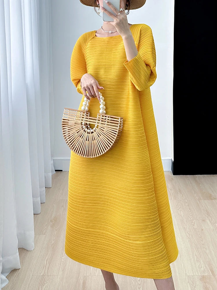 Miyake Pleated Full Sleeve Dress Women's 2023 Summer Korean Fashion Simple Round Neck Long Plus Size Medium Long Dress