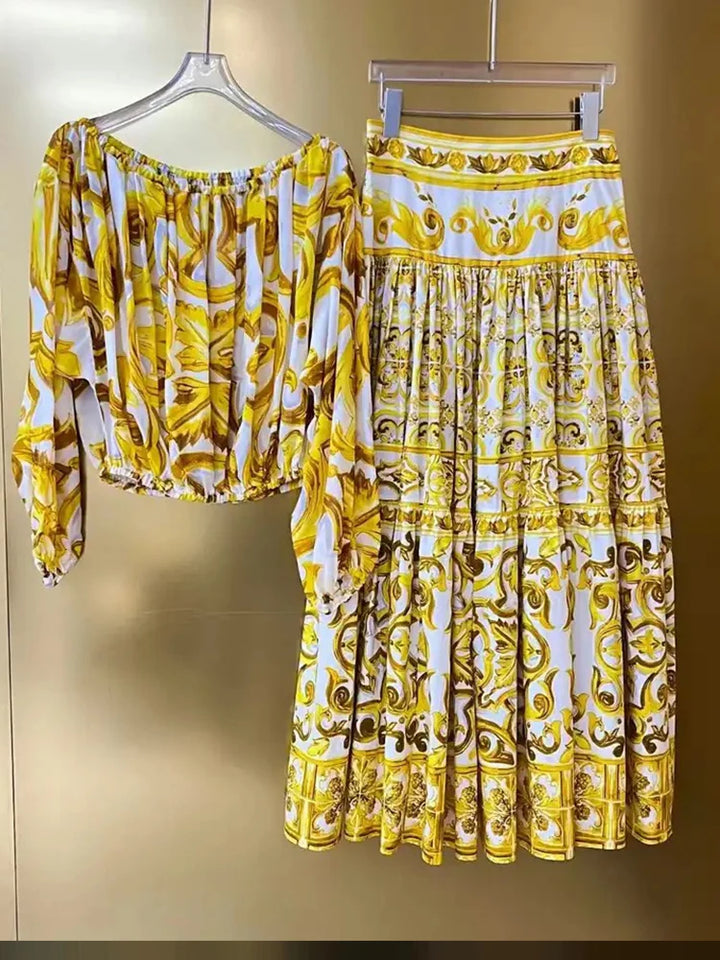 Designer Print Shirt & High Waist Skirt Set