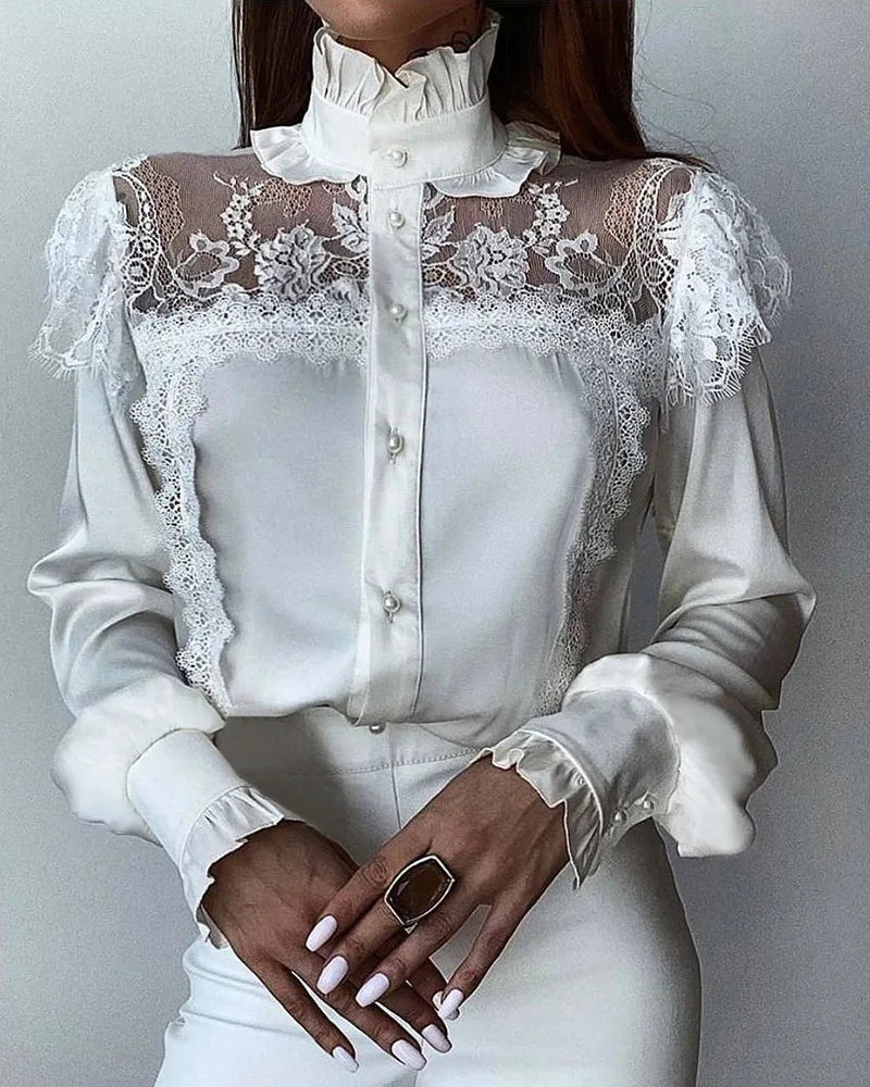 Sweet Vintage Lace Blouse - Women's Stand Collar Top