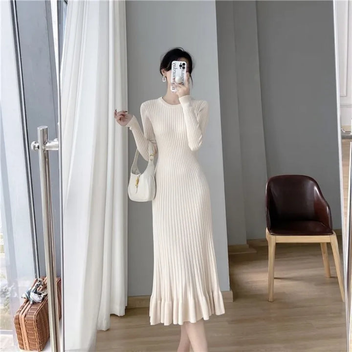 Korean Fashion Midi Dress - Solid Black/White - Sizes S-2XL - High Quality & Affordable