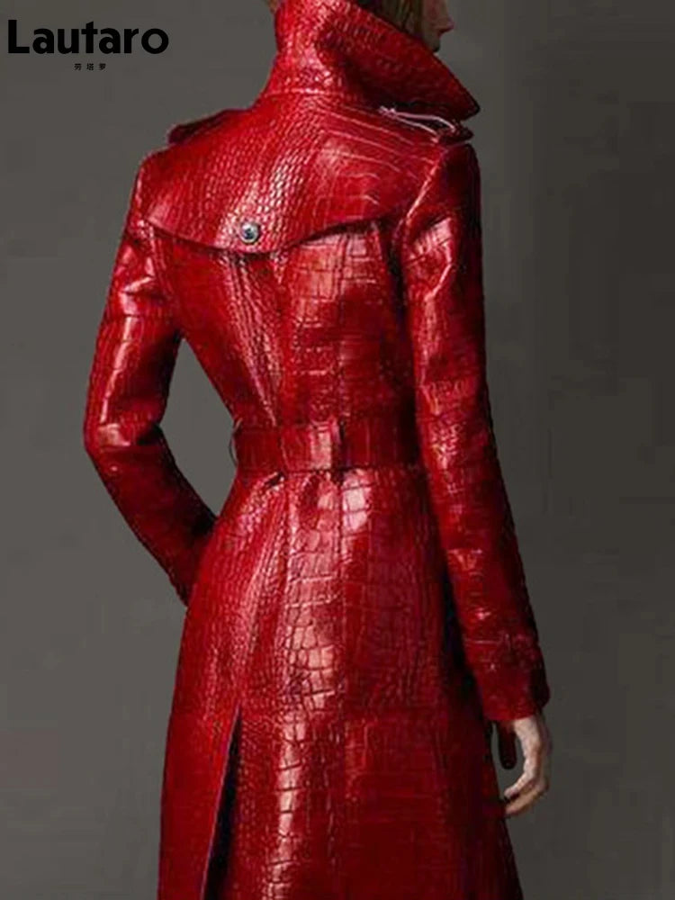 British Style Red Crocodile Print Trench Coat for Women - Elegant & Fashionable" "Autumn Long Trench Coat - Red Crocodile Print - British Style - Elegant & Fashionable