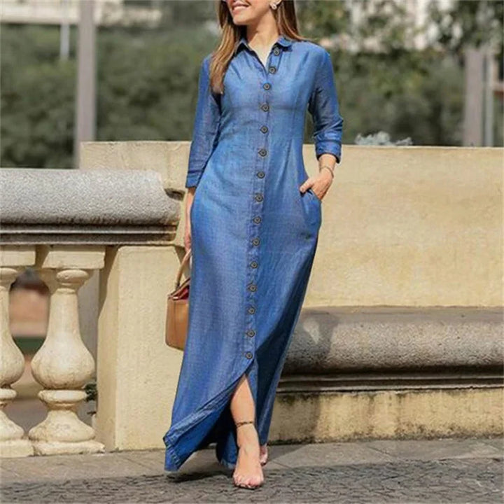 Autumn 2023 Denim Dress for Women - Elegant, Long Sleeve, Buttoned, Fashionable and Casual