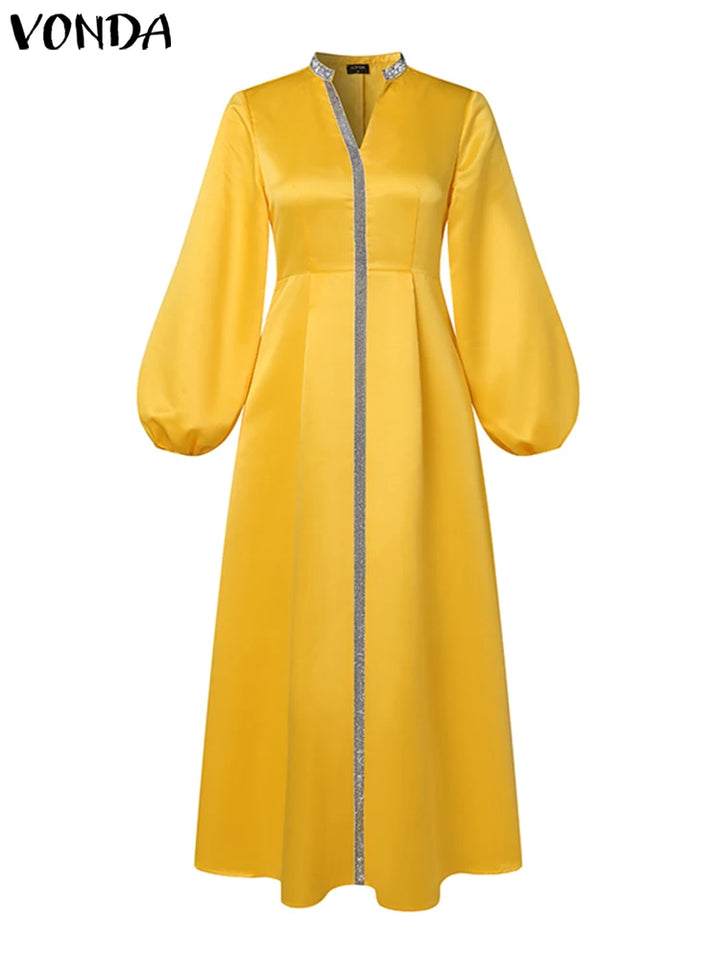 Plus Size 5XL VONDA Women Maxi Dress Autumn Long Lantern Sleeve Sexy V-neck Satin Patchwork Party Sundress Casual Loose Robe