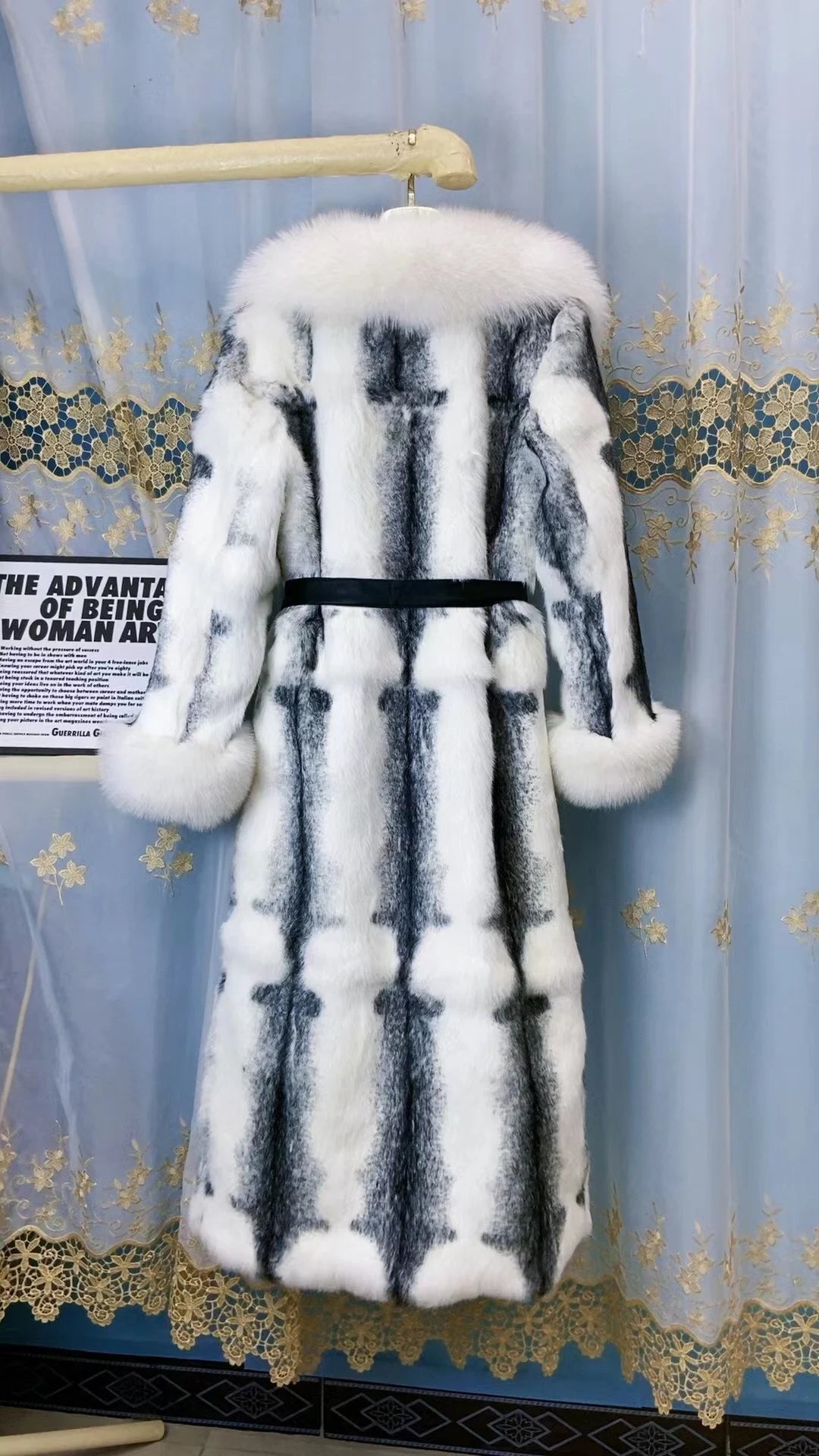 Women Winter Fashion Real Fur Coat X-long Natural Rabbit Fur Jacket With Real Fox Fur Collar Cuffs Winter Jacket Ladies Fur Coat