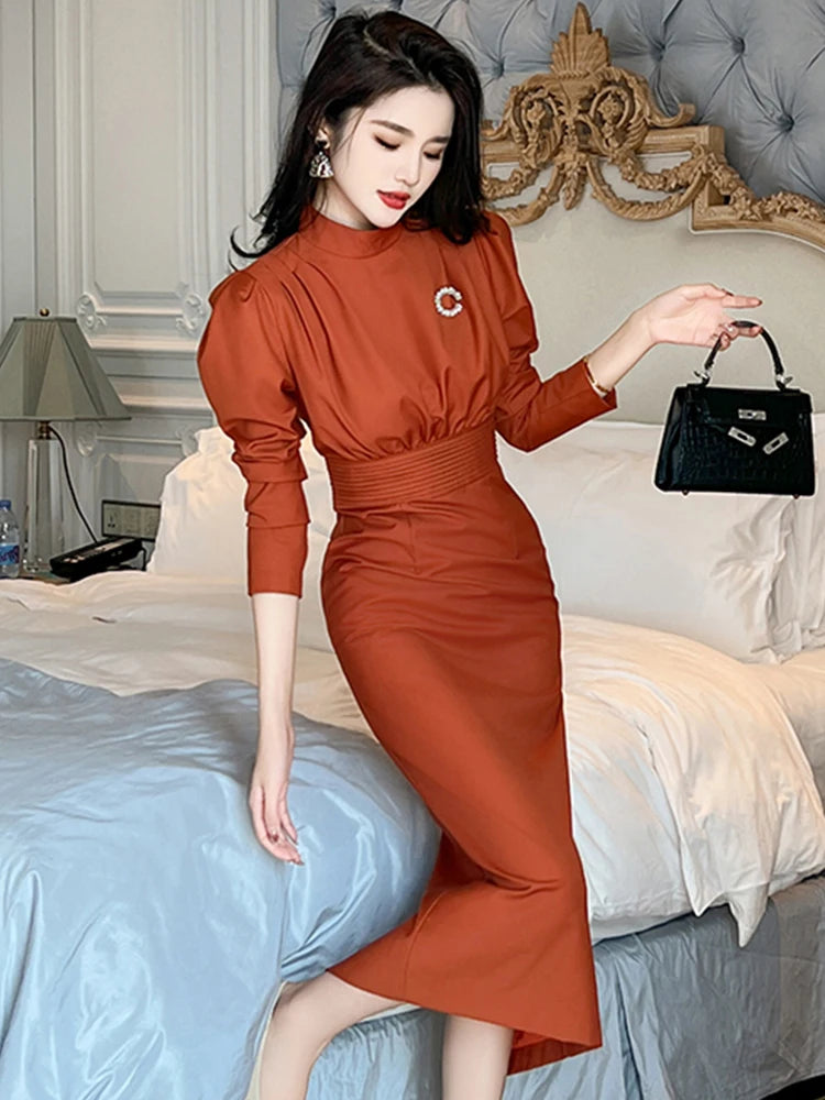 Retro Elegant Bubble Sleeve Professional Dress for Women - High Waist Wrap Hip Slit Midi Robe Femme OL Work Style Vestidos