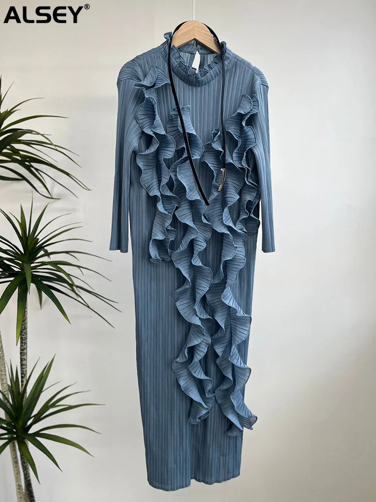 Stylish ALSEY Miyake Pleated Dress for Women - Elegant, Plus Size, Long Sleeves, Solid Color - Autumn Fashion