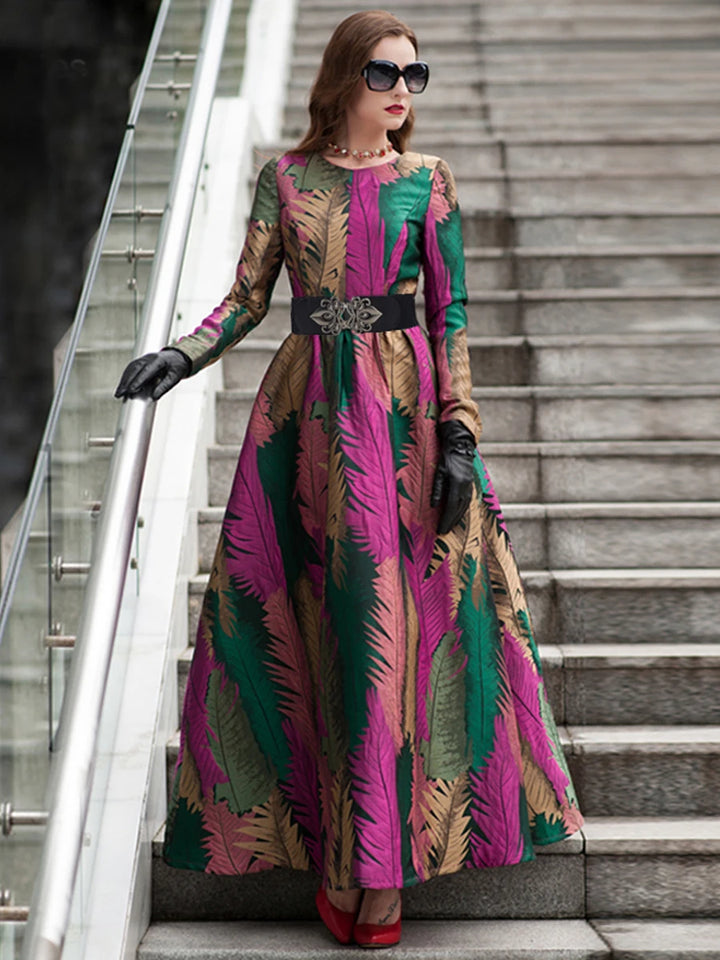 Elegant Floral Jacquard Maxi Dress for Women - Autumn/Winter 2023