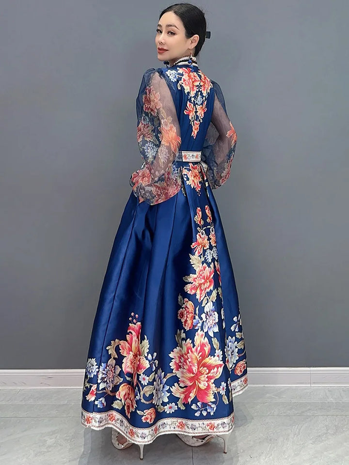 SHENGPALAE Loose Versatile V-neck Printed Long Dress With Bow Tie Irregular Dresses For Women 2024 Summer Trendy Clothes 5C1312