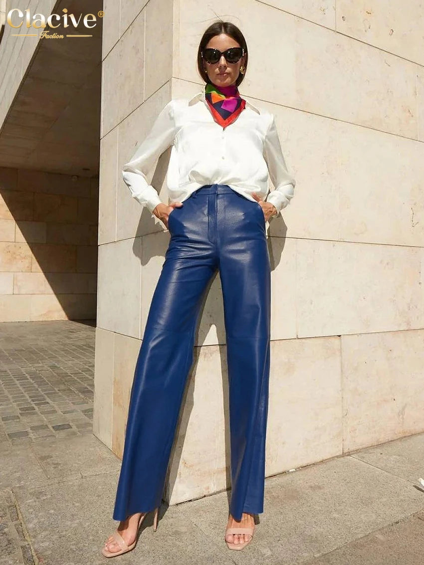 Clacive Fashion Blue Pu Leather Women'S Pants Elegant Slim High Waist Straight Trousers Streetwear Pantalones Female Clothing