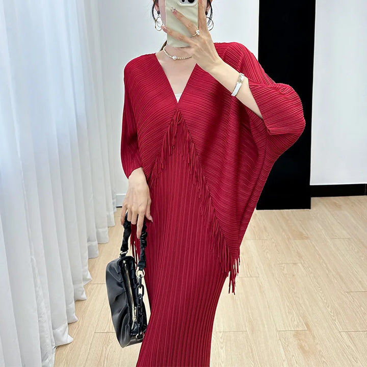 2023 Autumn Miyake Dress: V-neck Long Dress for Women - Pleated, Solid Color, Casual Fashion