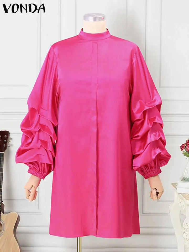 2024 Elegant Satin Dress - Long Sleeve Ruffled Mini Sundress with Stand Collar and Solid Robe - Perfect for Parties and Events!