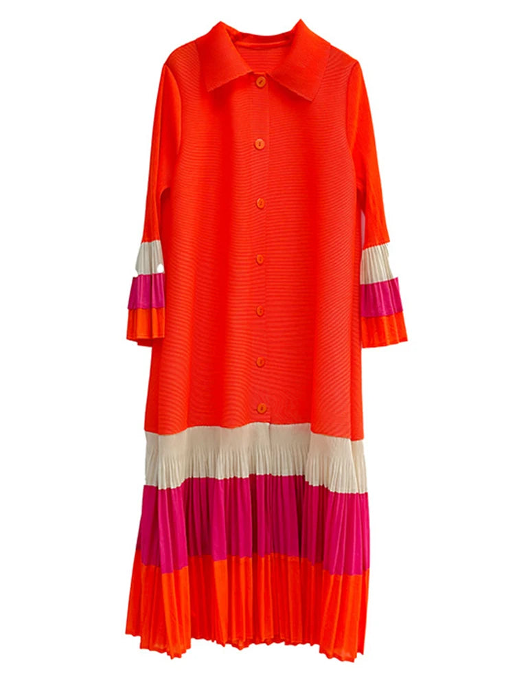 LANMREM 2024 Spring Striped Pleated Dress - Loose Fit, Lapel, Flare Sleeves, Single Breasted