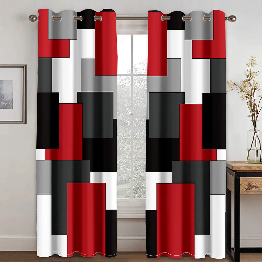 270*240 Cheap Abstract Geometric Black Red Modern Thin Two Windows Curtains for Living Room Bedroom Decor 2 Pieces Free Shipping