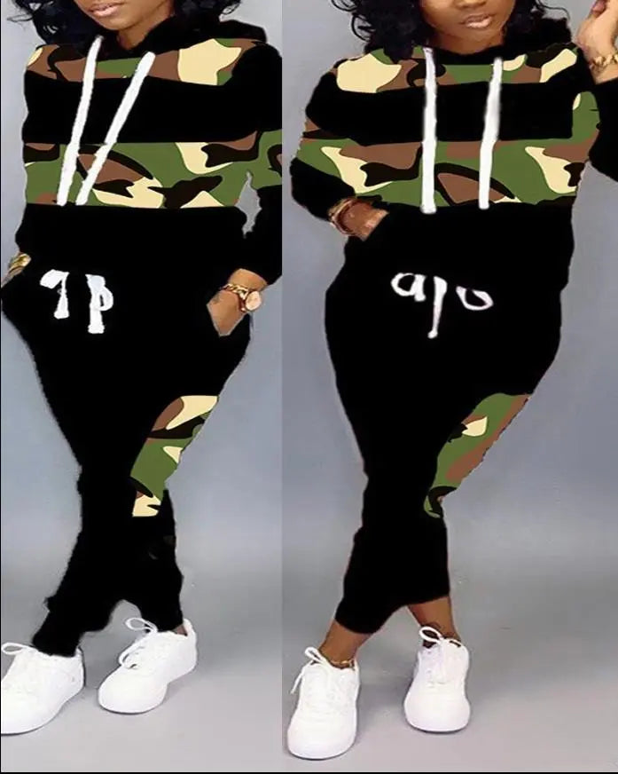 Plus Size Camo Hoodie & Sweatpants Set - Casual Sporty Outfit for Women