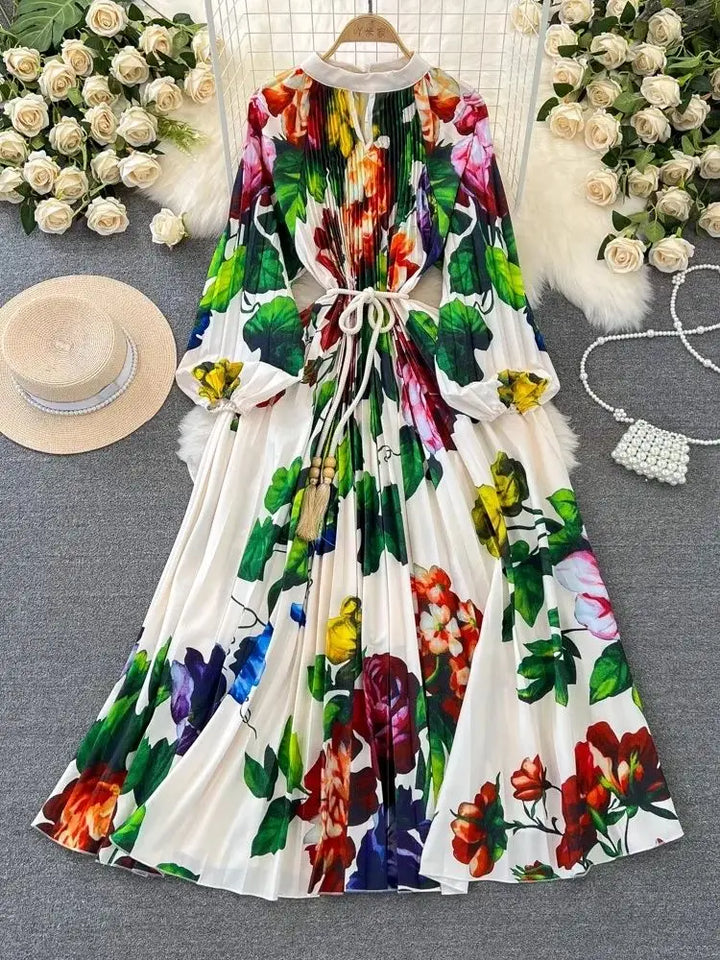 Spring Holiday Print Long Dress with Lantern Sleeves