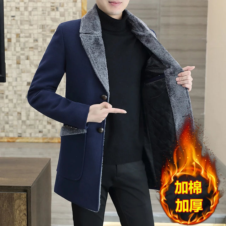 Top Winter Men's Mid-Long Woolen Coat Business Casual Overcoat Solid Color Cotton Thicken Windbreaker Outwear Warm Trench Jacket