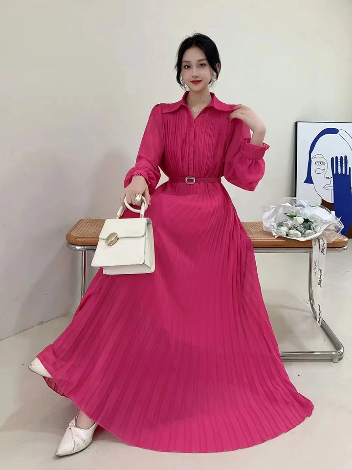 Spring Autumn Women's Fashion Chiffon Pleated Dress