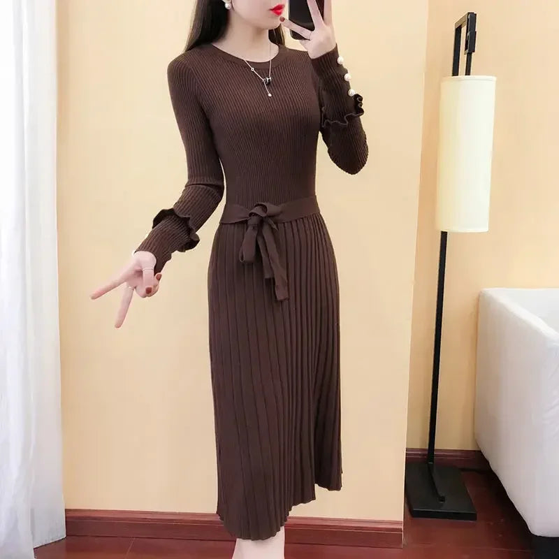 Chic Crochet Brown Dress for Women - Knee Length Midi - Elegant and Versatile