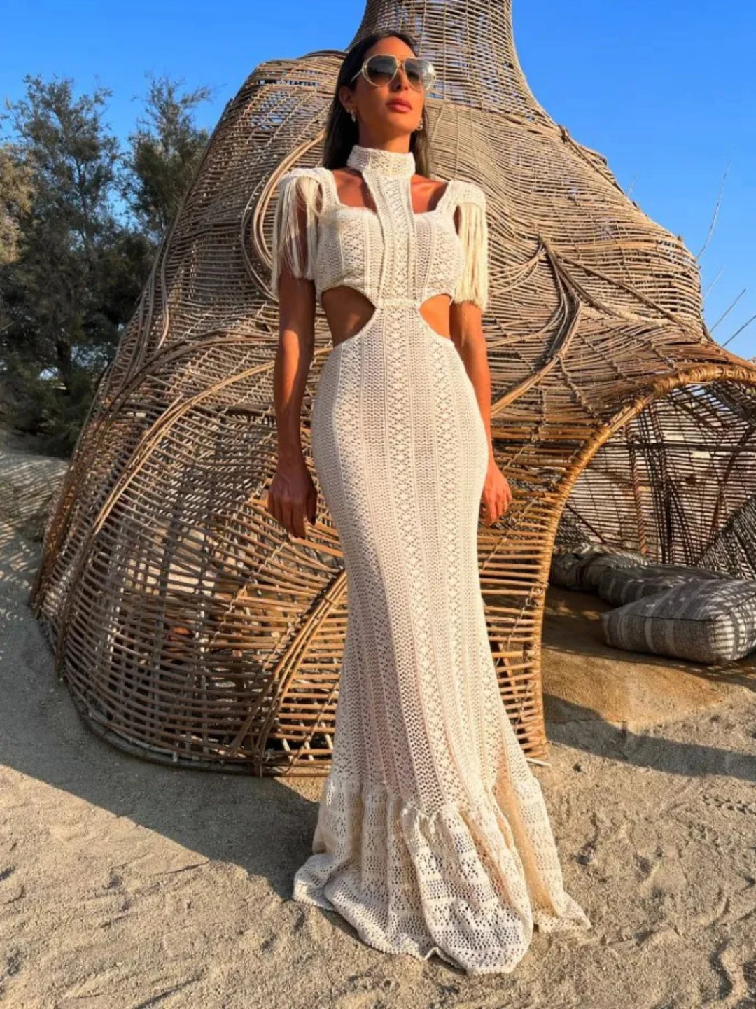 Stunning White Lace Dress - Turtleneck, Tassel Sleeves, Slim Fit, Hollow Out, Beach Ready, Knit Robe