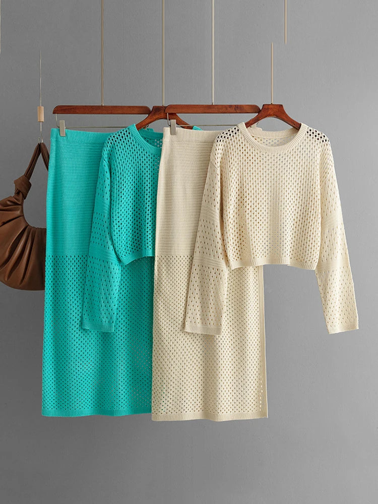 XFPV Women's Sweet Hollow Out Knitted Sweater Top Long Half Fashion Skirt 2-piece Set Y2k Korean Tide Autumn Winter 2024 SM11456