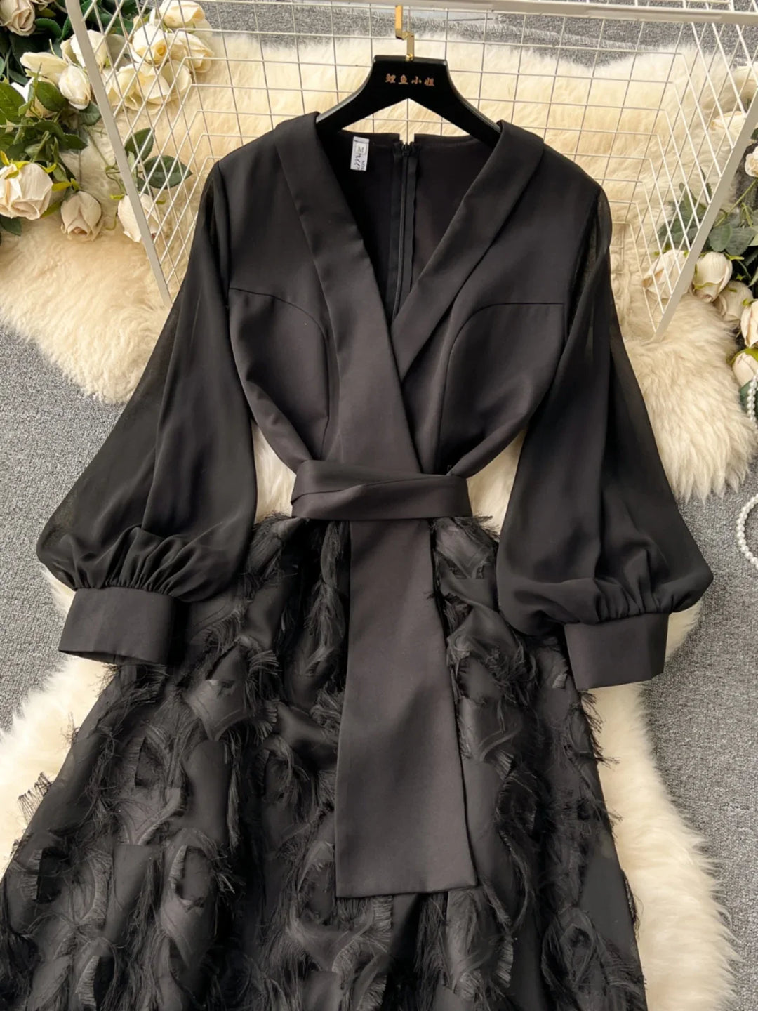 Vintage Black Long Party Dress with French Bubble Sleeves