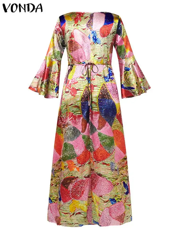 Plus Size 5XL VONDA Elegant Women Maxi Dress Autumn Long Flare Sleeve Casual Printed Elegant Long Shirt Sundress Party Vestidos