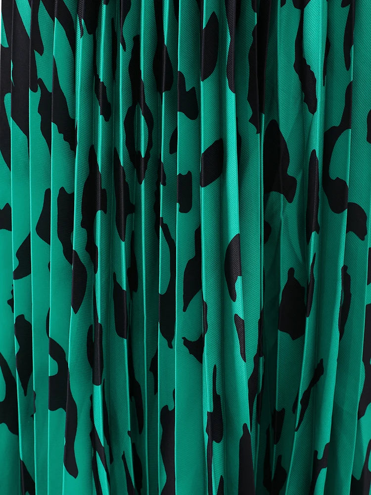 LANMREM Retro Print Pleated Long Dress For Women Lantern Sleeves Contrast Color Dresses Fashion 2024 Summer New Clothing 32C788