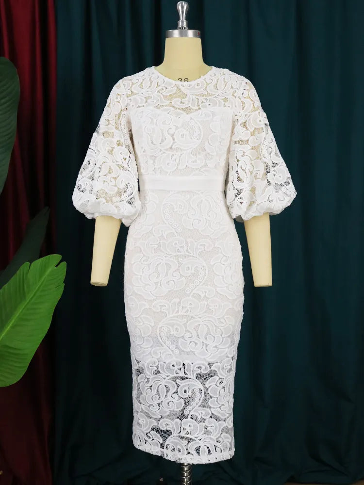 4XL O Neck Lace Lantern Sleeve Evening Dress - White Pink Patchwork Gown for Plus Size Ladies