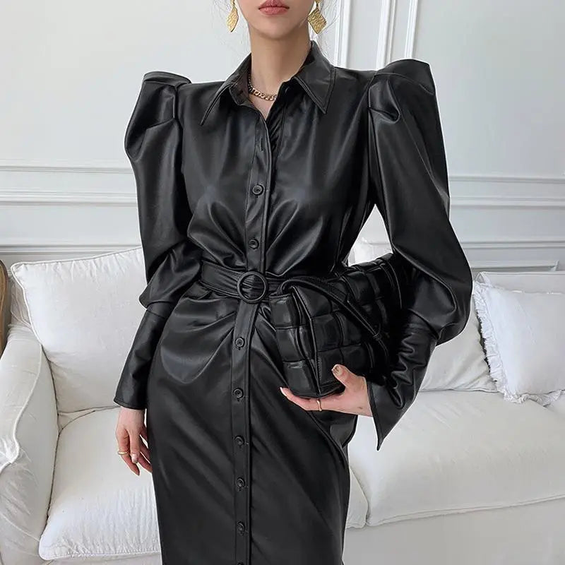 Chic PU Leather Motorcycle Dress - High Waist, Long Split Sleeves, Belted - Women's Autumn Collection