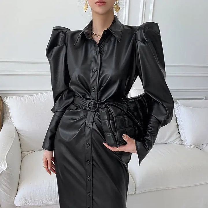 Chic PU Leather Motorcycle Dress - High Waist, Long Split Sleeves, Belted - Women's Autumn Collection