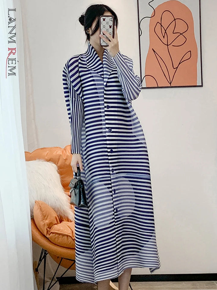 LANMREM Striped Print Pleated Dress - Casual Loose Fit 2024 Spring Collection