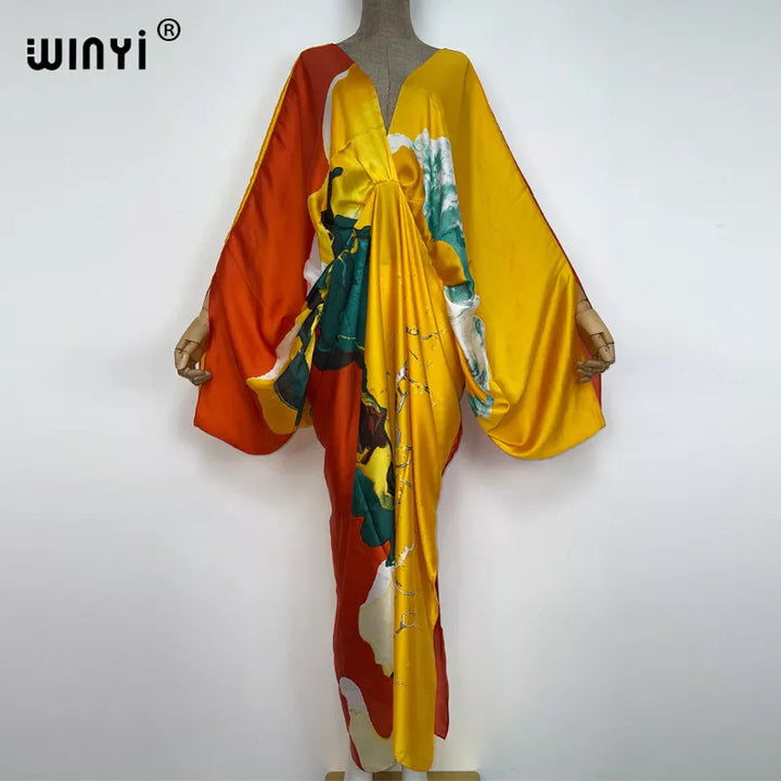 WINYI New Fashion Bohemian Deep V-neck Floral europea For Lady Free Size Loose Batwing Holiday Beach cover up Party Kaftan Dress