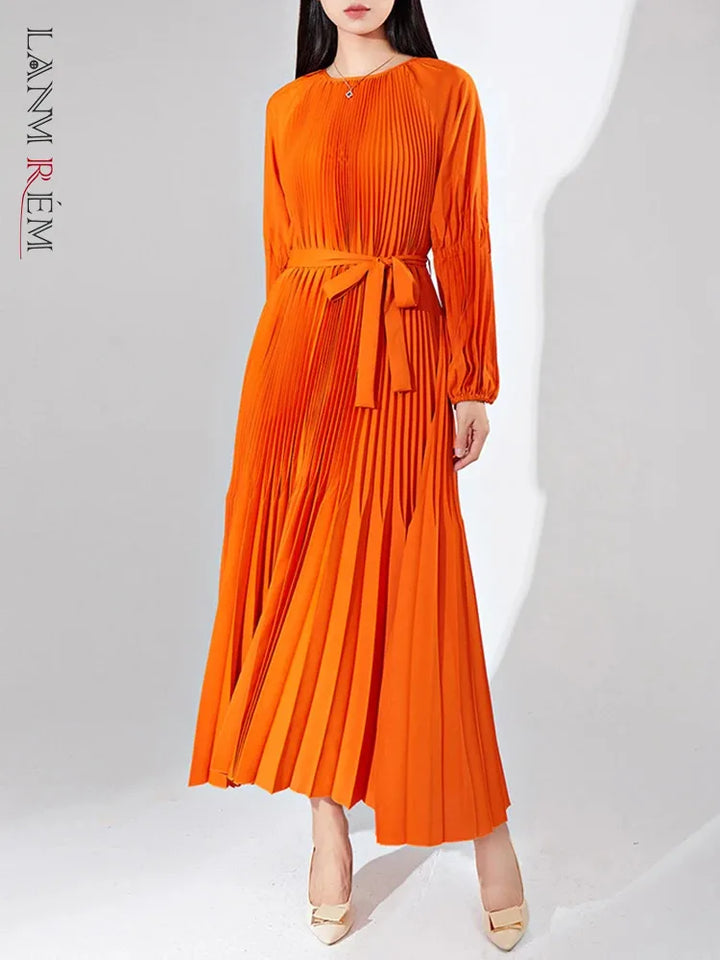 Fashion Pleated Dress with Belt | Loose Fit | Round Neck | Long Sleeves | Solid Color | Festival Clothing